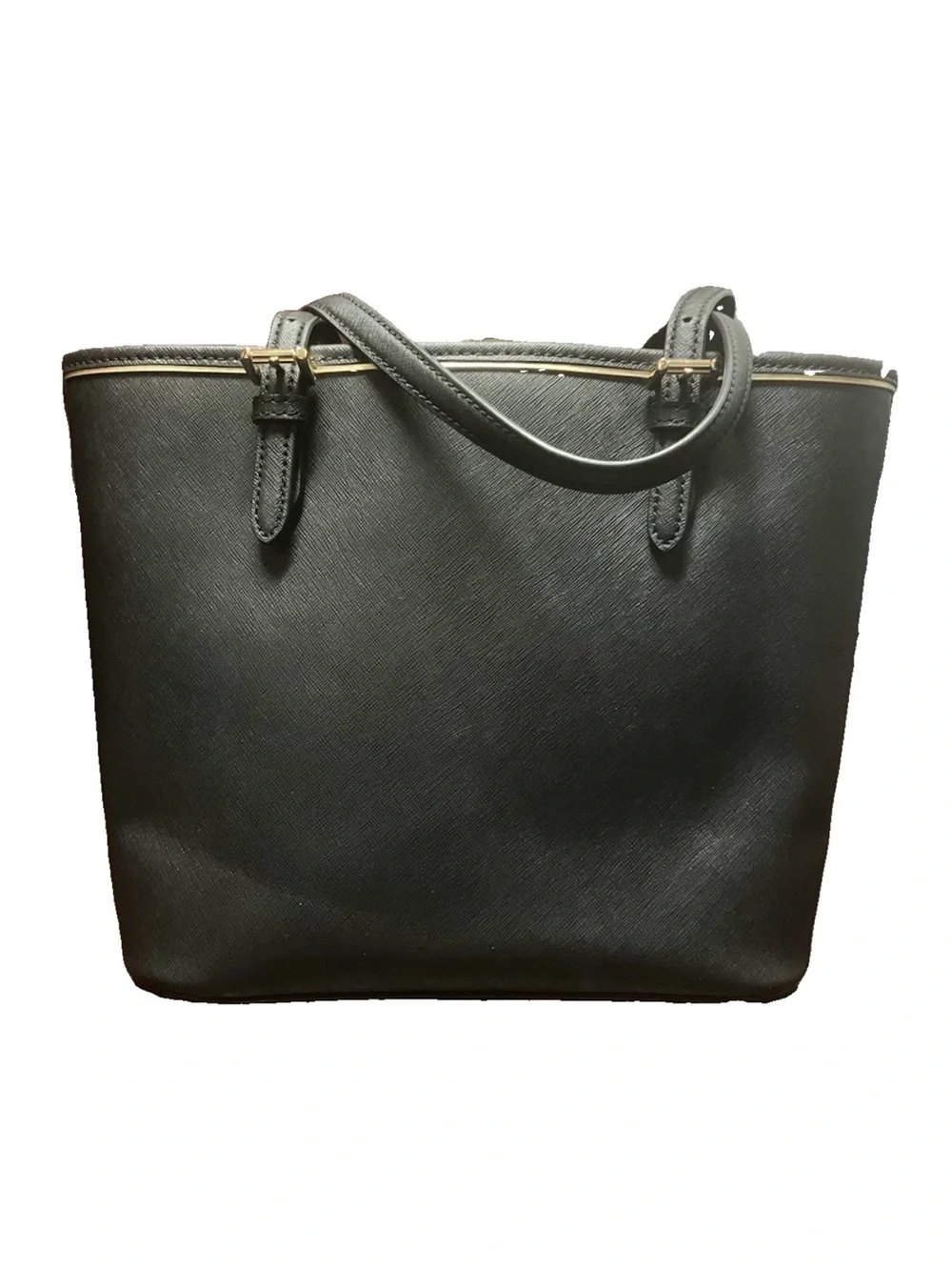 Michael Kors Saffiano Frame Black Leather Gold Tote Bag Medium – NWT